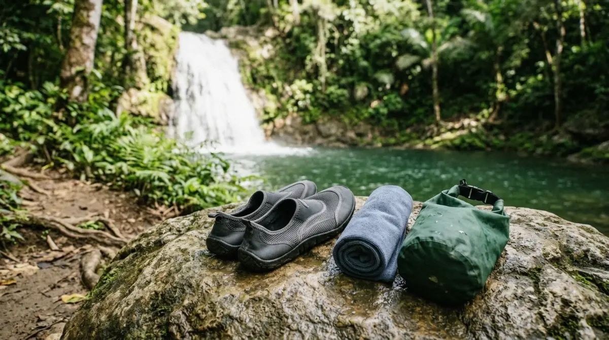 Water shoes, a dry bag and sunscreen laid out for a trip to Gozalandia Waterfall Puerto Rico