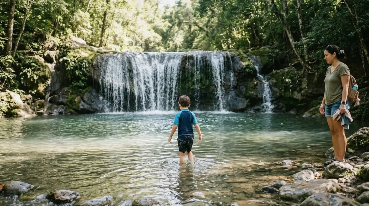 A family with young children wading at Gozalandia Waterfall Puerto Rico with kids on the lower falls side