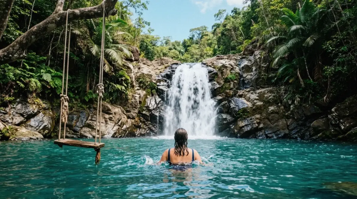 Visitors swimming calmly in the plunge pool below the upper falls on a clear day, illustrating whether Gozalandia Waterfall is safe in San Sebastián, Puerto Rico