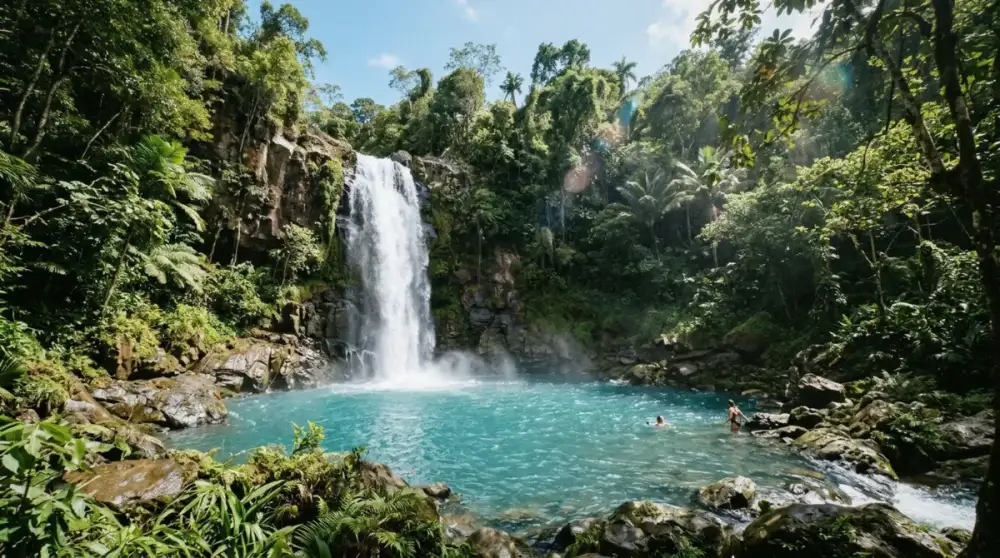 A visitor wading into a natural pool below one of the waterfalls near San Juan, Puerto Rico, with green rainforest cliffs framing the falls